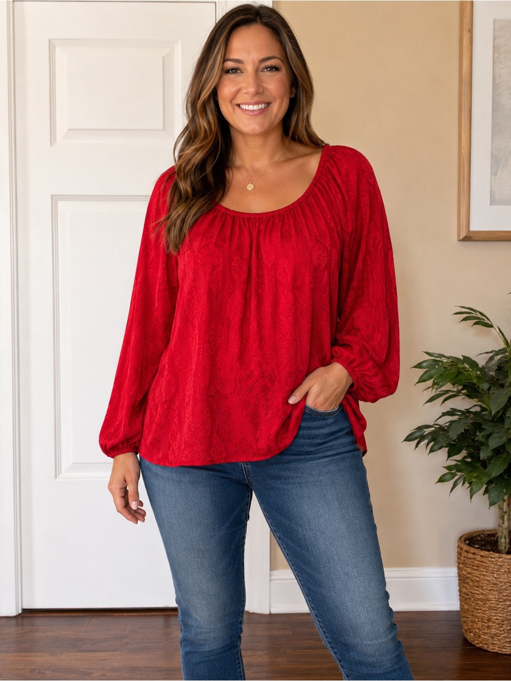 Michael Kors Red Long-Sleeve Peasant Blouse XL